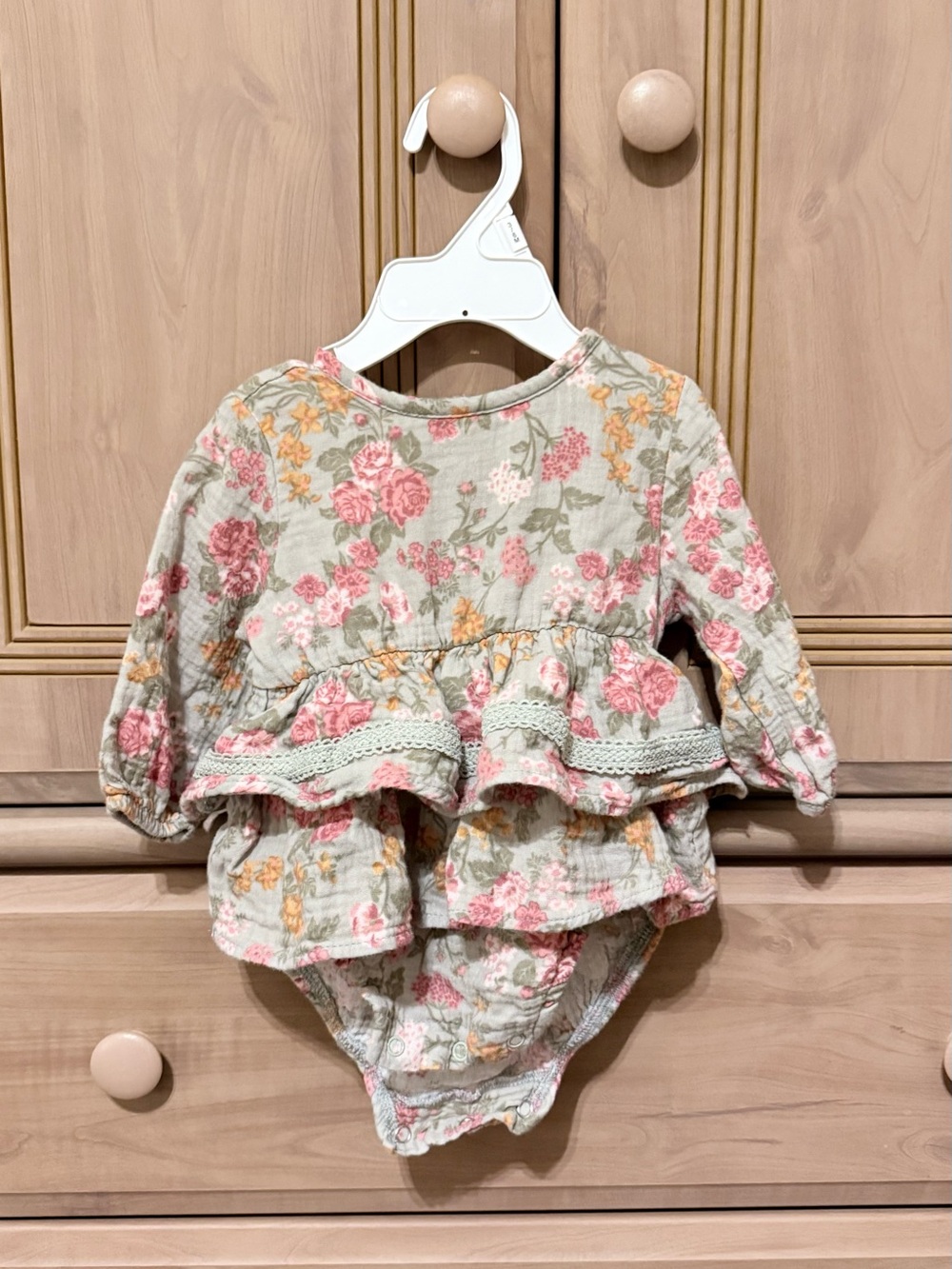 Floral Ruffle Baby Romper in Sage and Pink